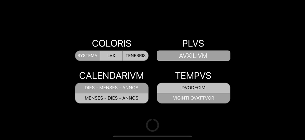 Roman Clock and Calendar - Settings screen of the Roman Clock and Calendar app featuring Latin labels for color themes calendar formats and time display