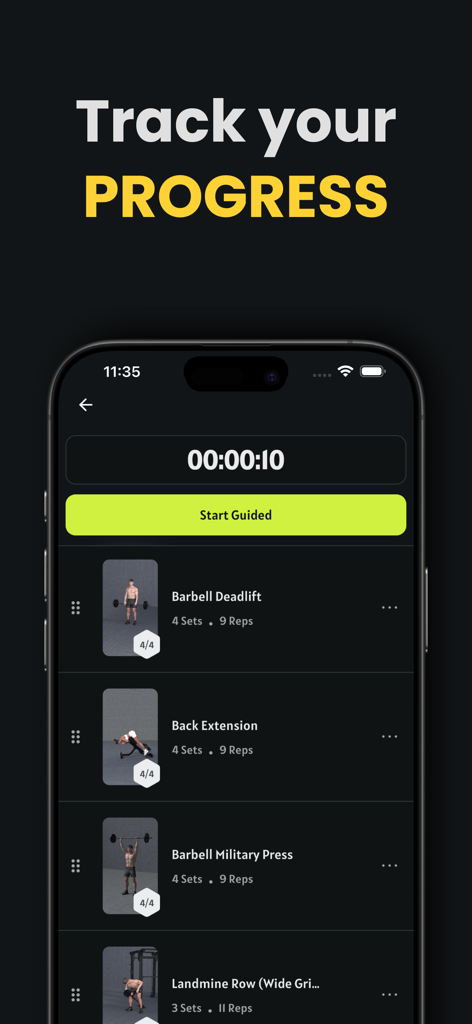 FITZZ mobile app interface showing a workout list with exercises like barbell deadlift and military press to track fitness progress