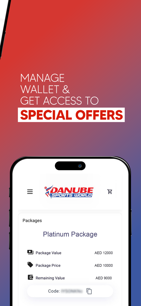 Danube Sports World - Danube Sports World app interface showing wallet management and a Platinum Package for sports bookings.