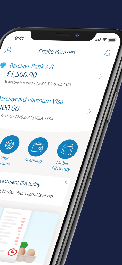 Barclays UK - Benutzeroberfläche der Barclays UK Mobile Banking App auf einem iPhone, die Kontostände und Ausgaben-Tools anzeigt.