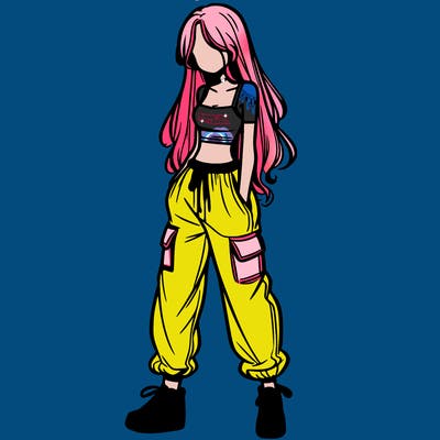 girl in baggy pants crop top and long hair