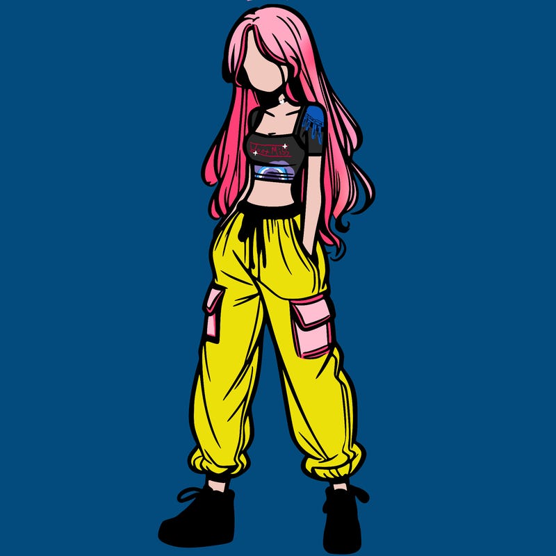 girl in baggy pants crop top and long hair
