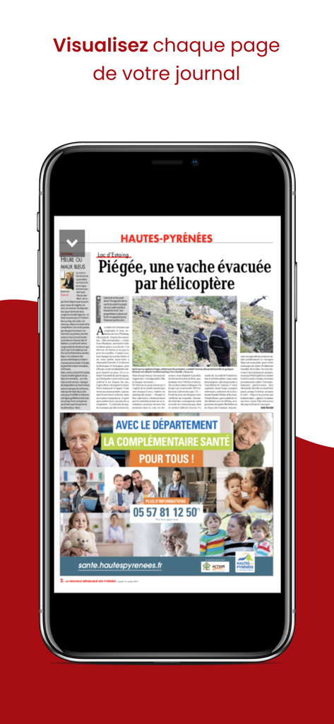 Page de journal numérique sur l'écran d'un smartphone de l'application La NR des Pyrénées.