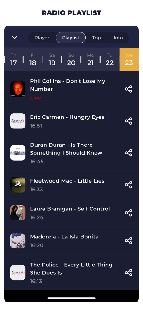 Panama Radio Live FM & AM - Screenshot of the radio playlist screen showing a history of songs played on a Panamanian station with dates and timestamps.