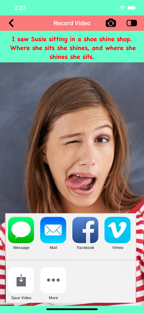 Video Tongue Twister - Una captura de pantalla de la aplicación Trabalenguas en Video que muestra opciones de compartir en redes sociales después de grabar un reto de video.