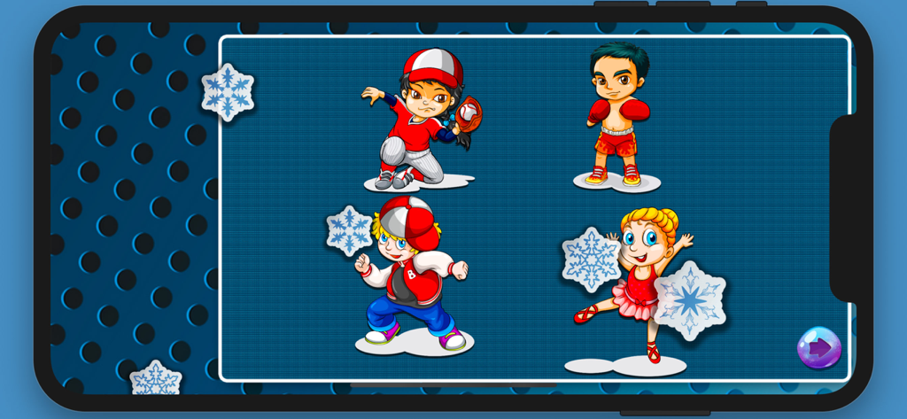 A puzzle screen featuring four cartoon athletes including a baseball player a boxer and a ballerina
