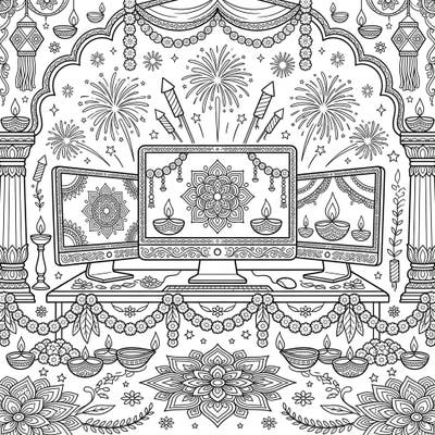 Discover a unique Diwali celebration with this intricate coloring page featuring computer monitors beautifully adorned with traditional festive elements. Dive into a world of diyas, mandalas, and fireworks ready for your creative touch.