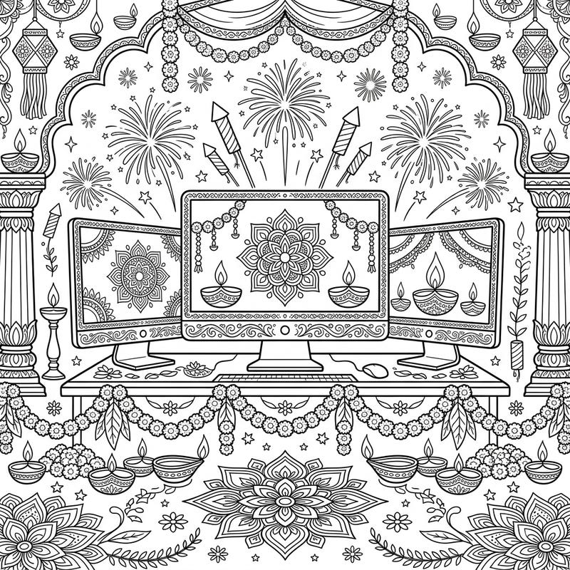 Discover a unique Diwali celebration with this intricate coloring page featuring computer monitors beautifully adorned with traditional festive elements. Dive into a world of diyas, mandalas, and fireworks ready for your creative touch.
