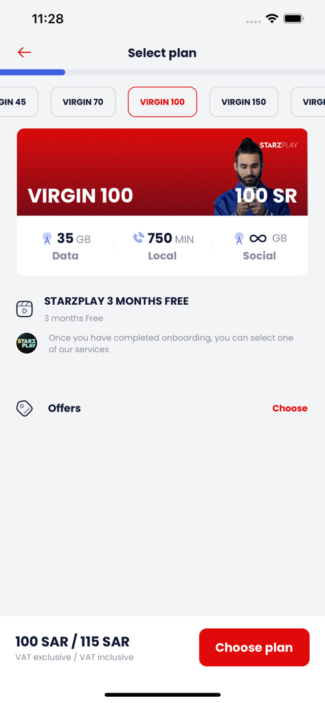 Virgin Mobile KSA - Virgin Mobile KSA app plan selection screen showing the Virgin 100 package details with data and local minutes