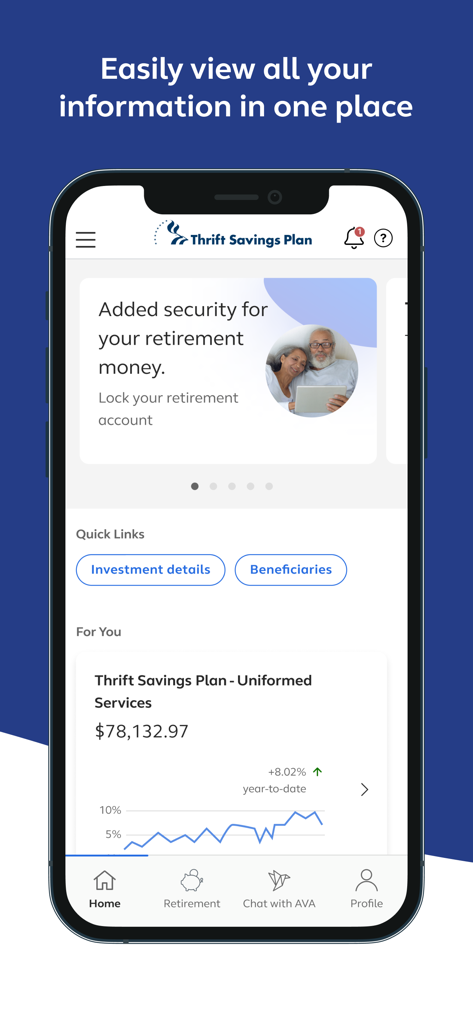 Der Startbildschirm der Thrift Savings Plan Mobile App mit einem Kontostand für Uniformed Services und einem Diagramm zur Anlageperformance.