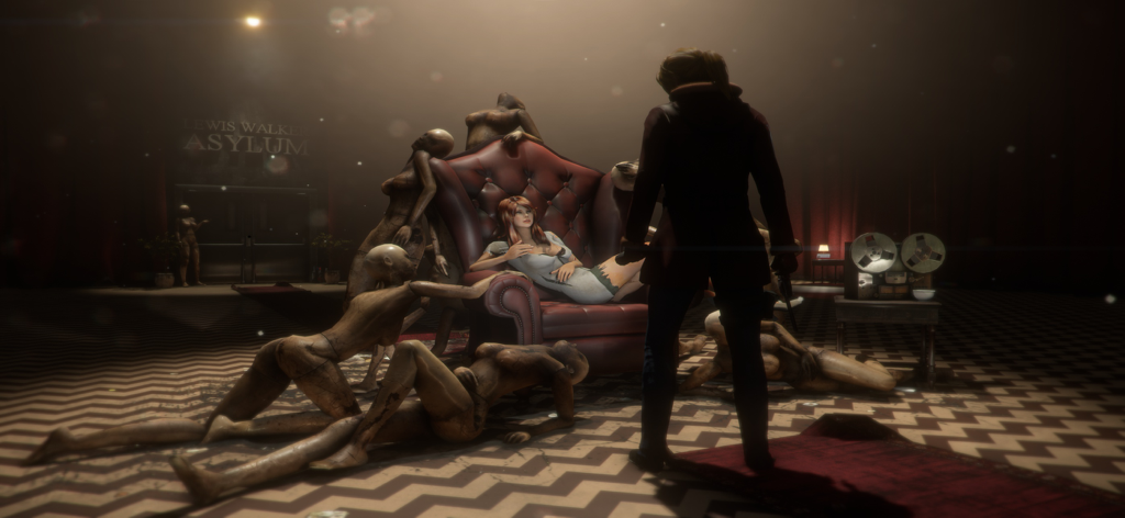 Rose Hawkins facing a woman on a red throne surrounded by mannequins inside the Lewis Walker Asylum