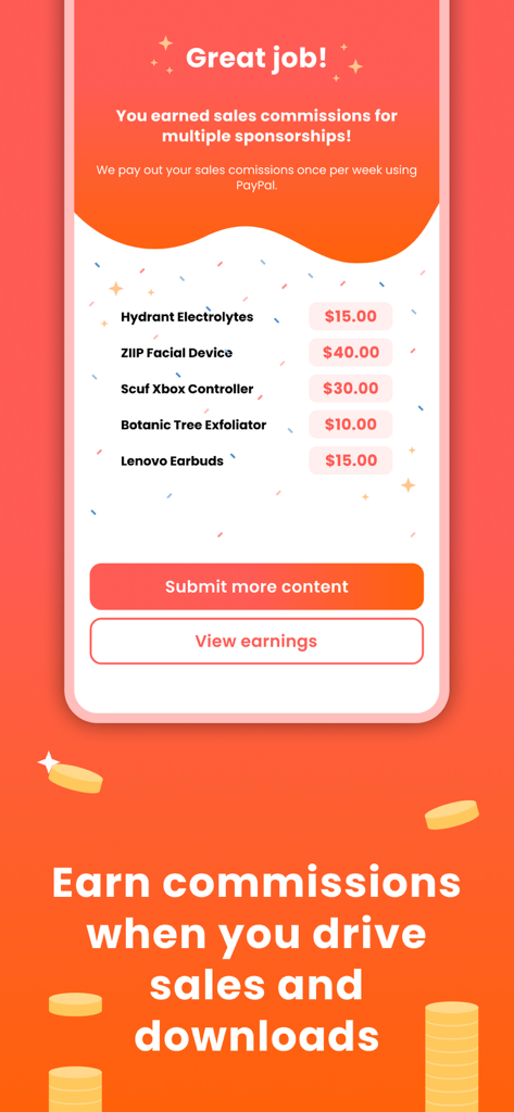 weSponsored Influencer App - A mobile screen from the weSponsored app showing a list of earned sales commissions from various brand sponsorships.