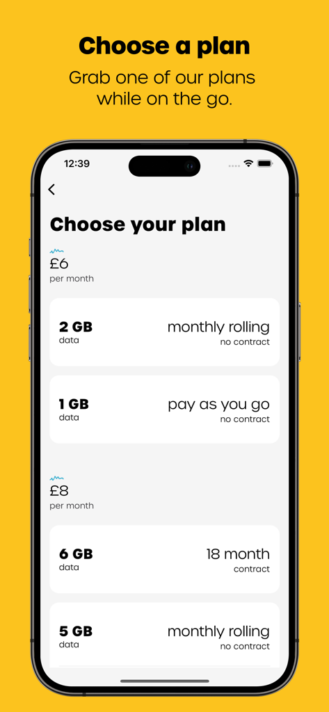 Interface de l'application giffgaff affichant les différentes options et les prix des forfaits de données mensuels.