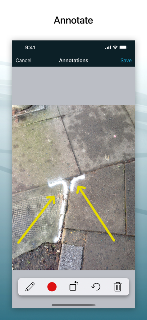Site Audit Pro - Mobile app interface for annotating a construction site photo with arrows.