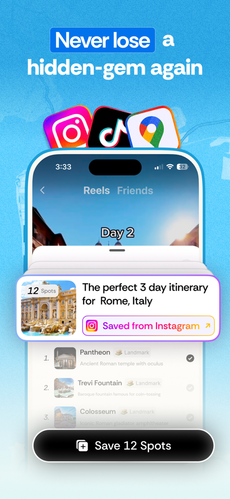Roamy app showing a 3 day Rome itinerary with spots saved from Instagram posts.