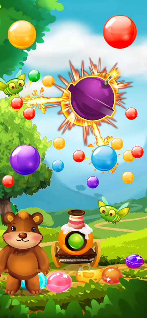 Bubble Candy: Bubble Shooting - Bubble Candy shooting gameplay showing a purple bomb explosion and a cute bear character in a colorful candy world
