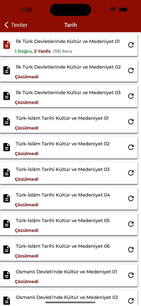 EKYS - Eine Liste von Geschichtsübungs tests in der EKYS-App, die Themen wie die Geschichte früher türkischer Staaten und des Osmanischen Reiches abdecken.