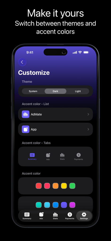 AdMate 앱 화면으로 iPhone에서 테마 및 악센트 색상 사용자 정의 옵션을 표시합니다.