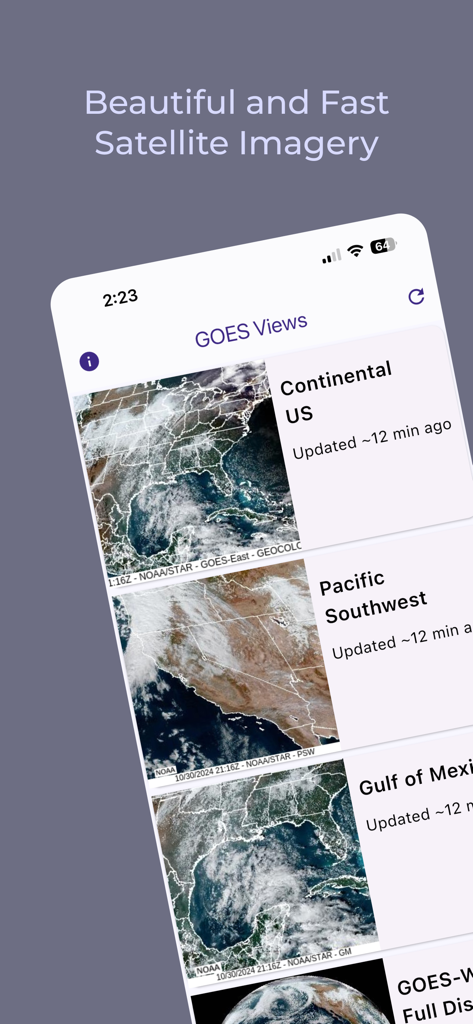 GOES Viewer - GOES Viewer app interface showing different NOAA satellite imagery views like Continental US and Pacific Southwest