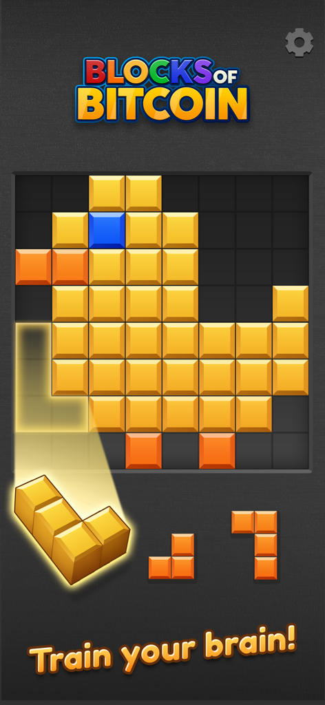 Blocks of Bitcoin - Juego de rompecabezas móvil Blocks of Bitcoin que muestra una cuadrícula con bloques formando la forma de un pato amarillo y texto de entrenamiento cerebral.