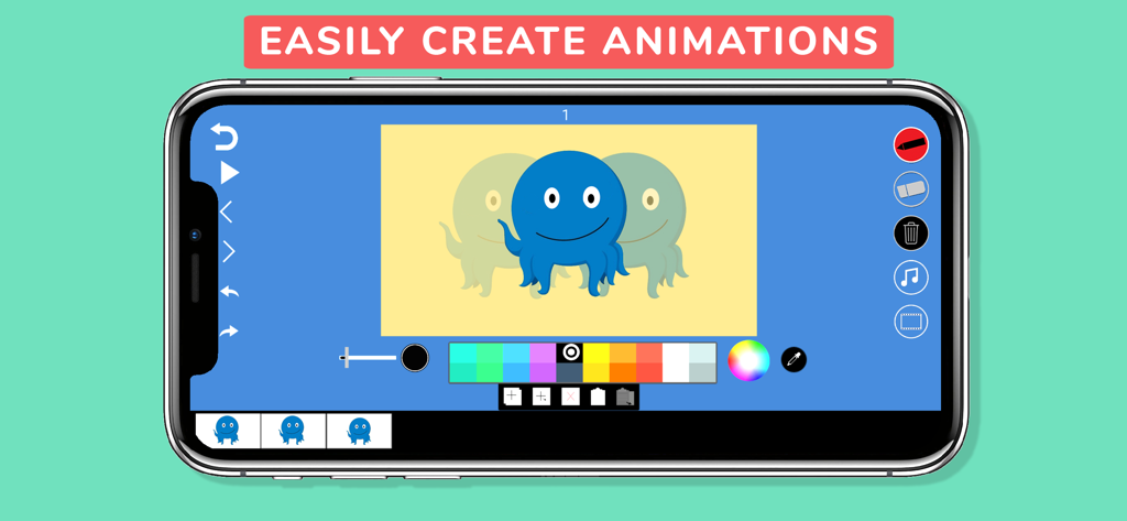 Animation Maker Kids app interface showing a blue octopus character and drawing tools