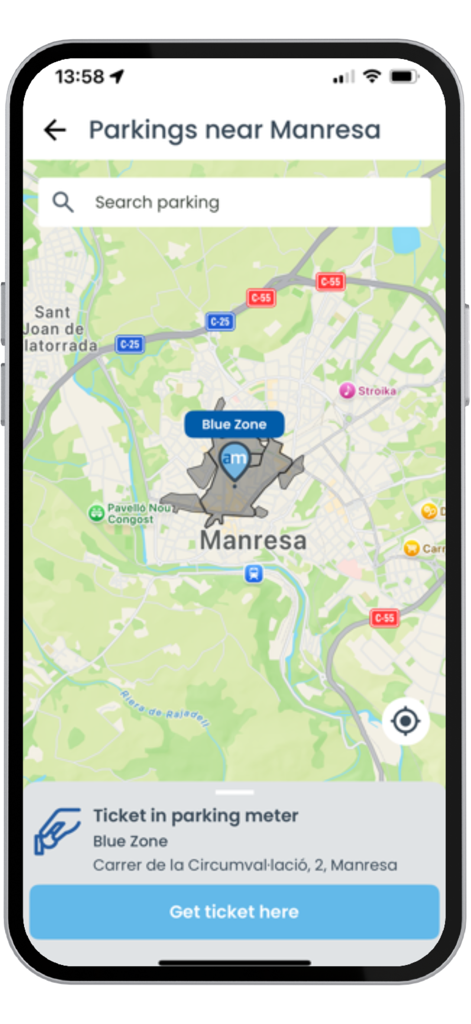 Aparca Manresa - A map of Manresa within the app interface showing blue zone parking locations and a button to get a digital ticket