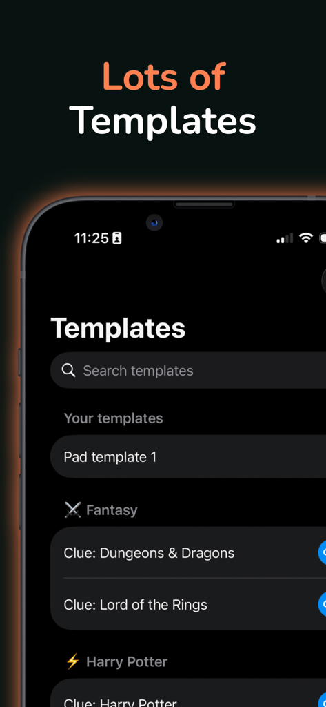 Clue Notepad - Detective Game - Pantalla de la aplicación móvil que muestra una selección de plantillas de juegos de detectives para diferentes ediciones de Clue, incluyendo Dungeons and Dragons y El Señor de los Anillos.