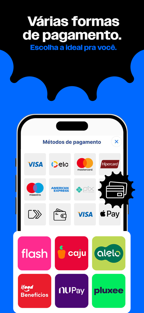 Interface of Daki app displaying diverse payment methods such as Visa, Mastercard, Pix, Apple Pay, and benefit vouchers.