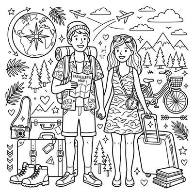 Get ready for a coloring adventure with this charming illustration of a couple about to embark on their dream vacation. This detailed page is packed with travel essentials, inviting you to add your personal touch to every element.
