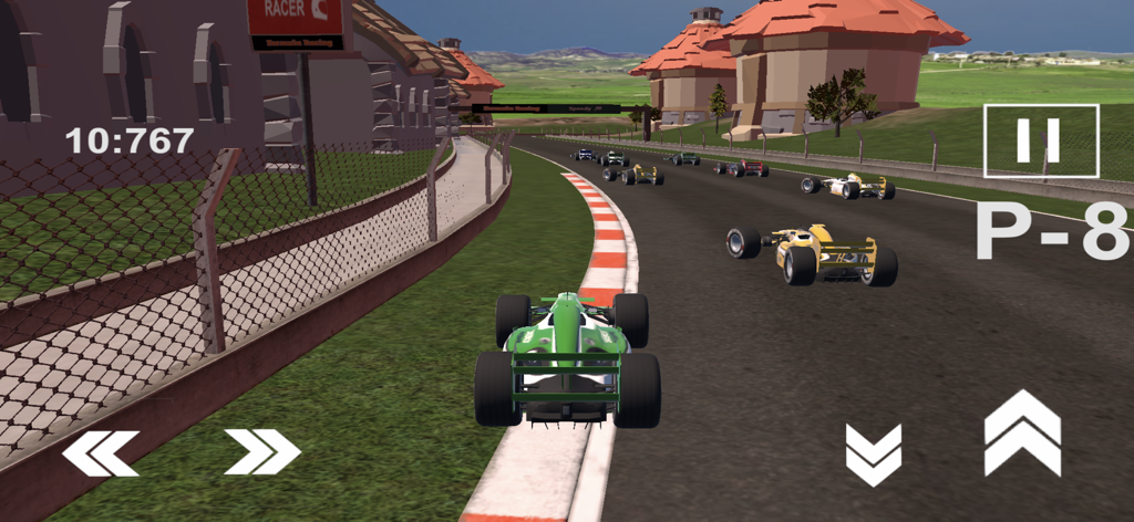 Un coche de carreras de fórmula verde en una pista 3D con otros coches en Real Drift Stunt Car Racing 3D