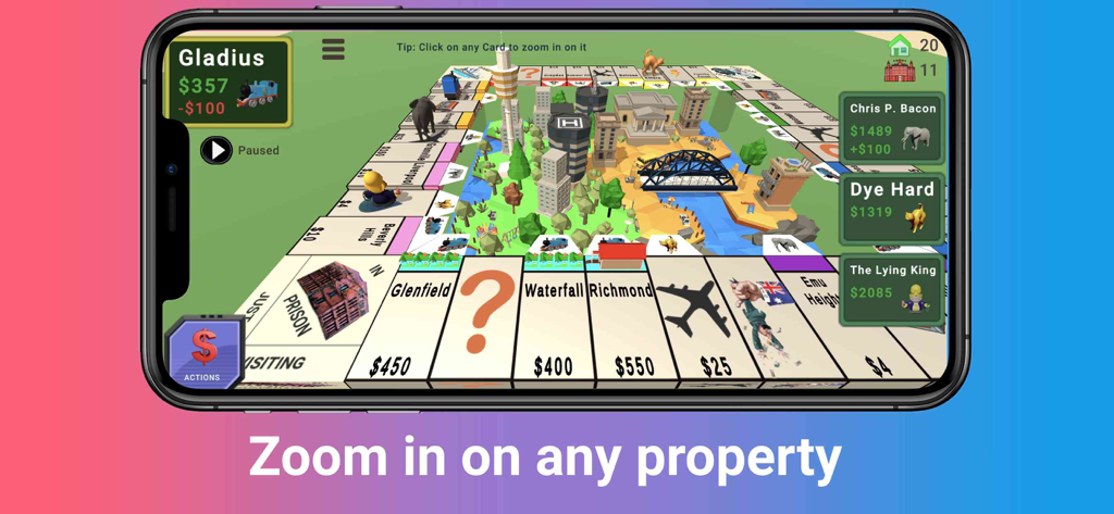 Quadropoly - Monopolist Tycoon - A mobile phone displaying the 3D board game interface of Quadropoly with a text overlay explaining the property zoom feature.
