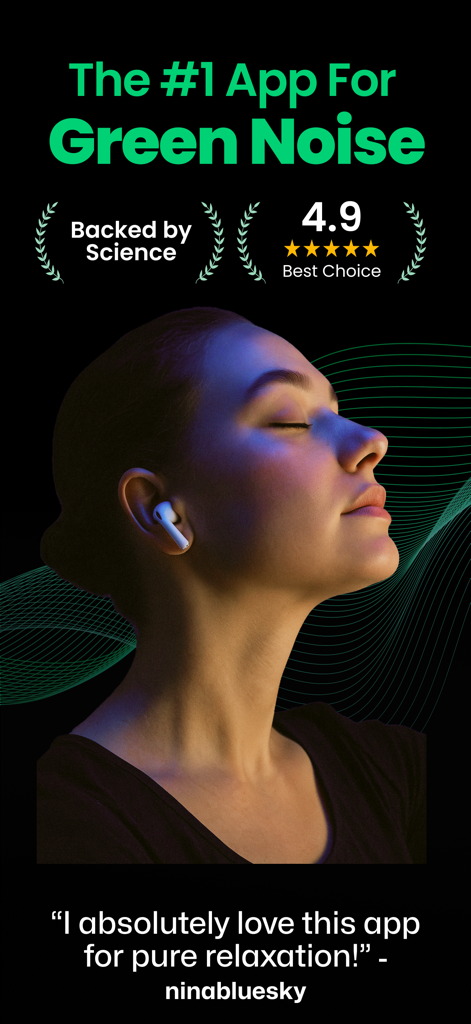 Una mujer relajándose con auriculares usando la App Ruido Verde.