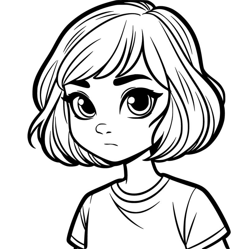 girl looking straight with short hair and wearing a t-shirt.