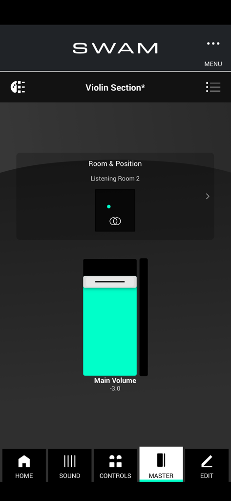 SWAM Violin Section - Tela principal do aplicativo SWAM Violin Section mostrando posicionamento da sala e controle de volume principal