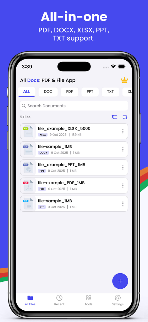 All Docs: PDF & File App - All Docs app showing a list of PDF DOCX and PPT files on a mobile device