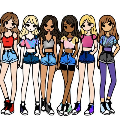 a group of girls wearing crop tops and shorts