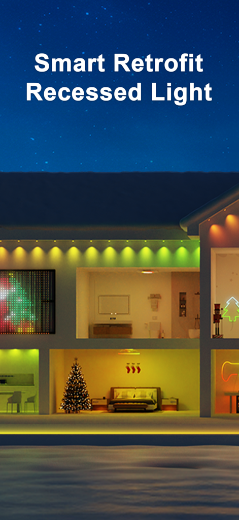 Casa moderna à noite com iluminação embutida inteligente e decorações de Natal controladas pelo aplicativo Lumary.