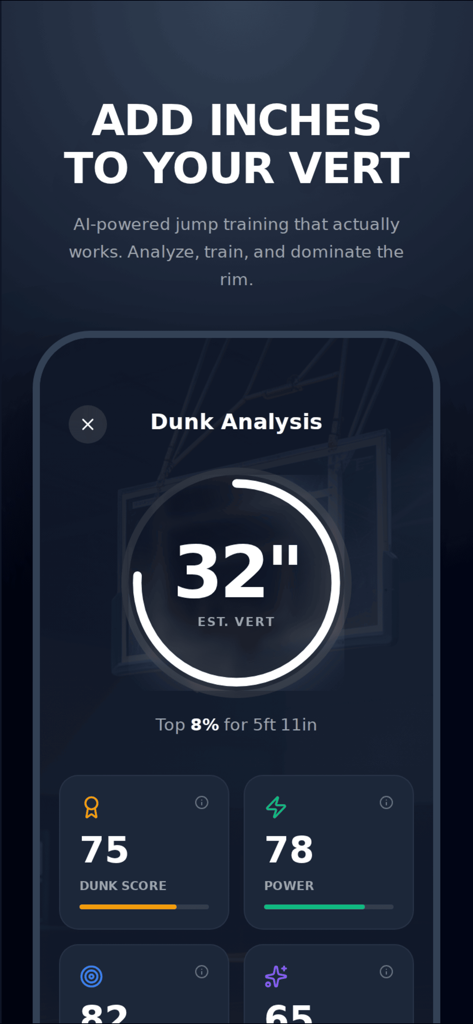 DunkMax: Vertical Jump Trainer - Interface do aplicativo DunkMax mostrando análise de salto vertical com uma estimativa de 81 cm e pontuações de desempenho atlético