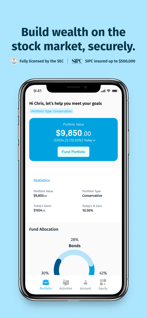 Chaka- Invest & Trade Globally - Chaka mobile app portfolio dashboard displaying investment value, daily gains, and fund allocation charts.