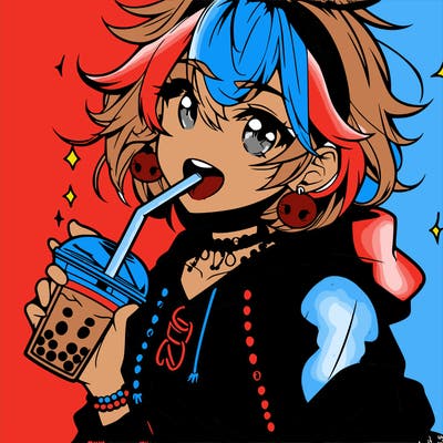 hot baddie anime girl drinking boba and biting the straw