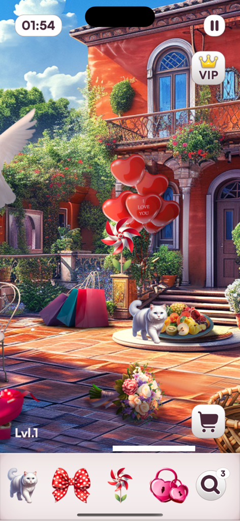 Hidden Objects: Search N Find - Jugabilidad de un juego de objetos ocultos que muestra una escena soleada de patio de villa con objetos por encontrar.