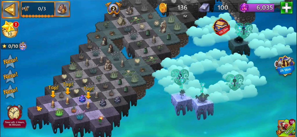 Mobile game screenshot of Merge Dragons showing a puzzle board with items and eggs to match on floating islands.