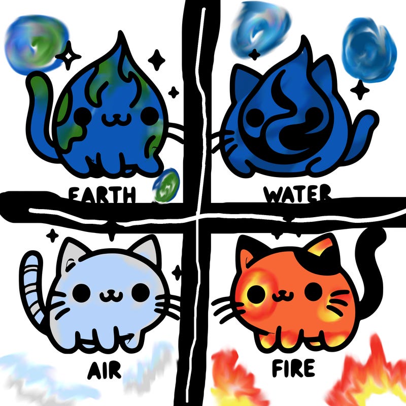 4 cats that represent the different elements, earth, water, air, and fire