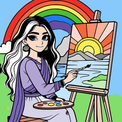 a realstic girl painting on a canvas with a pretty rainbow or sunset behind her in the background realistic