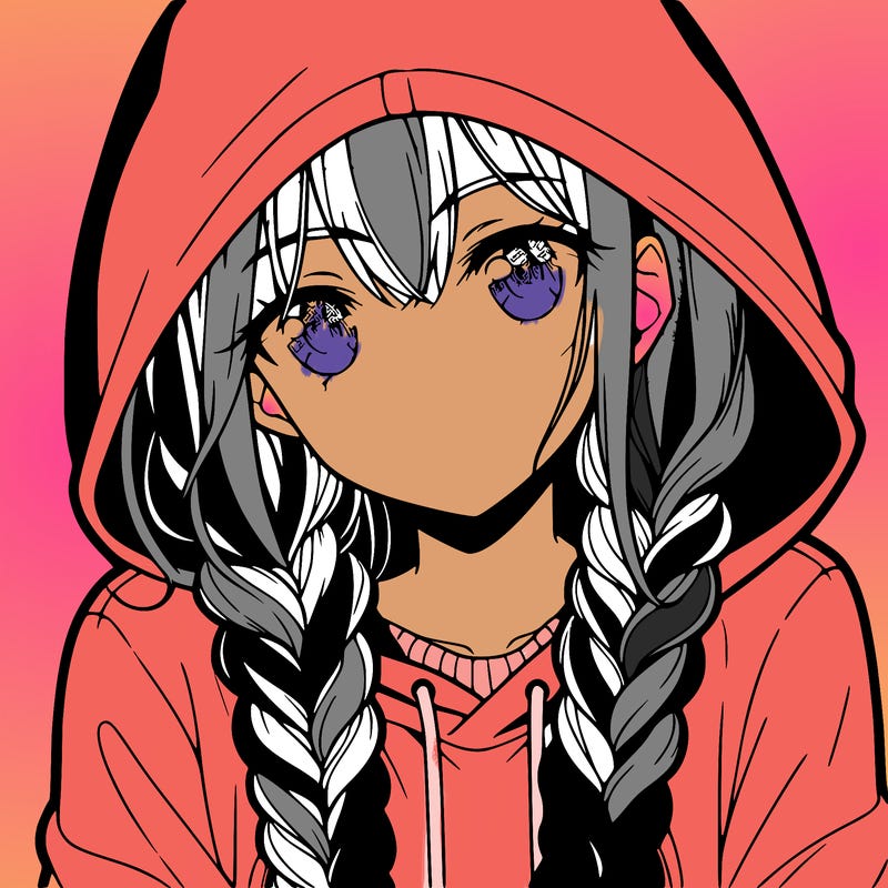 anime girl with long braids and hoodie