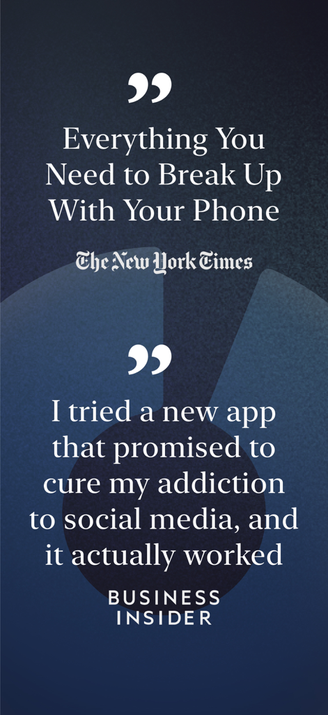 Media quotes from The New York Times and Business Insider praising the one sec app for breaking phone addiction.