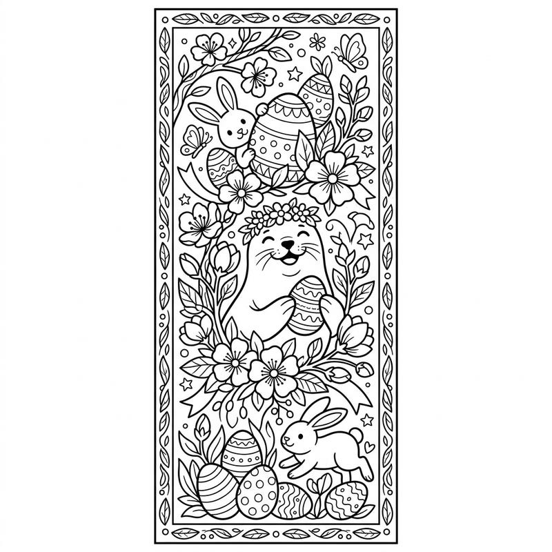 Get ready for a heartwarming Easter with this unique coloring bookmark featuring a cheerful fur seal amidst spring delights. This charming design is perfect for adding a personal touch to your favorite books.