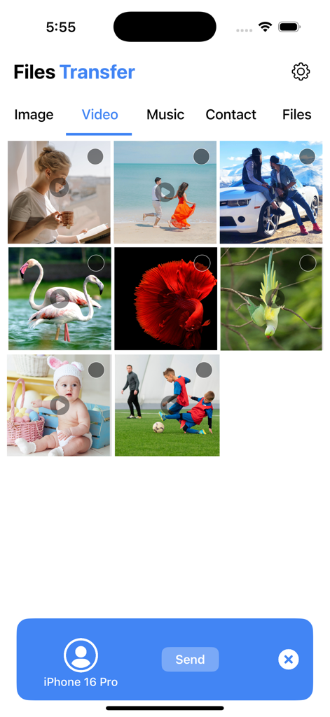 ShareMe: Fast File Share - Pantalla de selección de video de la aplicación ShareMe para transferencia rápida de archivos inalámbrica en iPhone