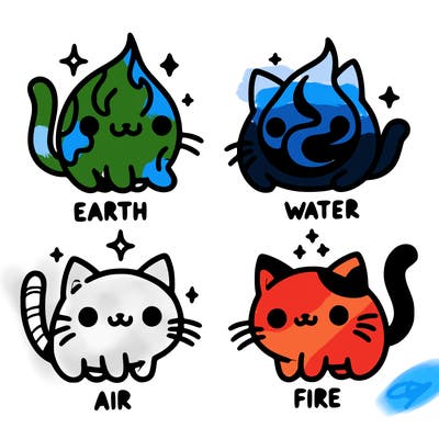 4 cats that represent the different elements, earth, water, air, and fire