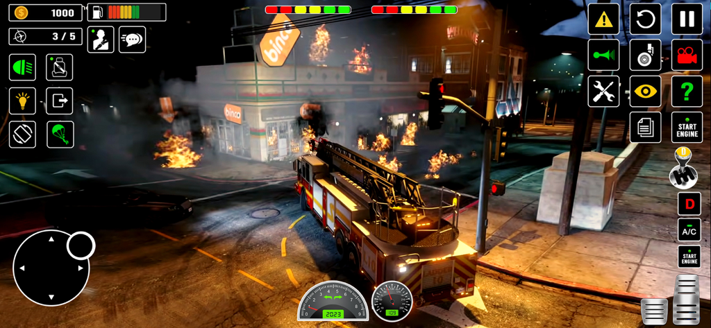 Un camion de pompiers américain intervenant sur un incendie de bâtiment la nuit